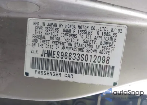 2003 Honda Civic Hybrid from USA, damaged, VIN JHMES96633S012098